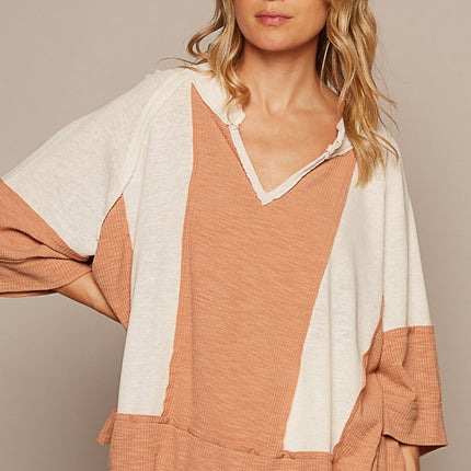 POL Notched Frayed Edge Contrast Top