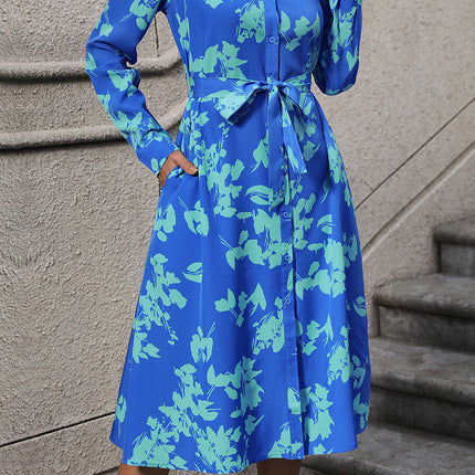 Printed Button Up Tie Waist Dress