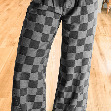 Checkered Wide Leg Jeans with Pockets - Vickie Lynn's