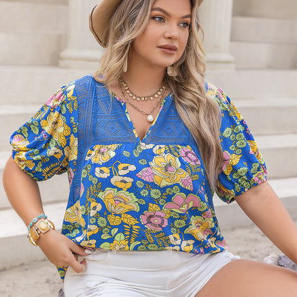 Plus Size Printed Notched Short Sleeve Blouse