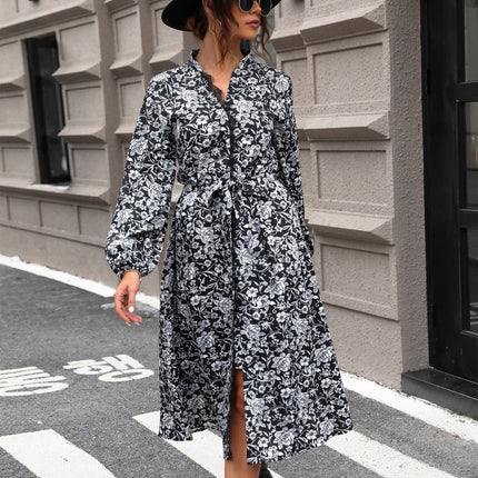 Lace Detail Printed Long Sleeve Midi Dress