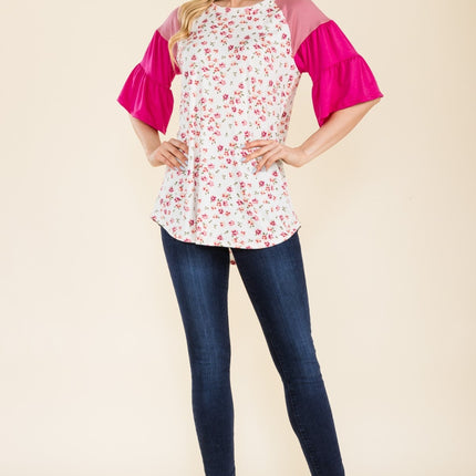 Celeste Full Size Floral Contrast Bell Sleeve Top