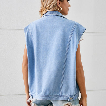 Pocketed Button Up Sleeveless Denim Jacket