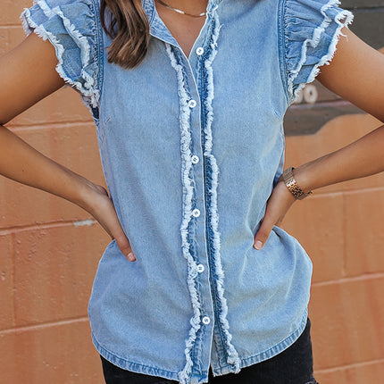 Raw Hem Button Up Cap Sleeve Denim Top