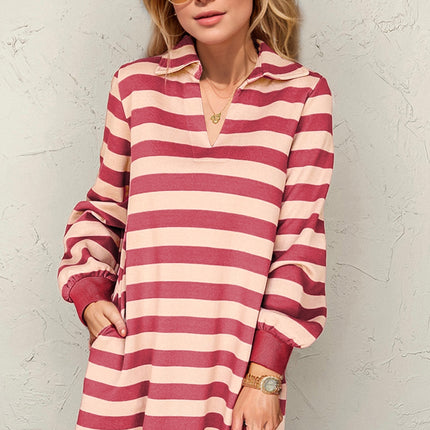 Double Take Full Size Striped Contrast Collared Neck Long Sleeve Dress