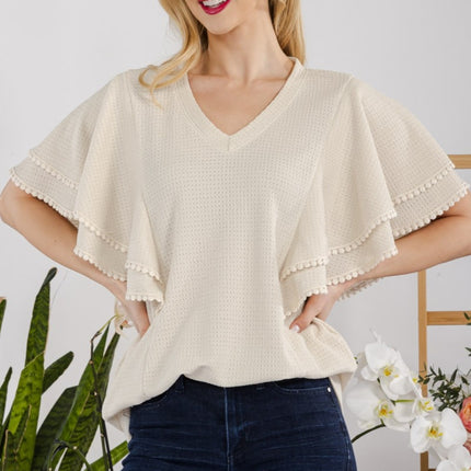 Celeste Full Size V-Neck Lace Trim Flutter Sleeve Top