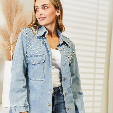 Collared Neck Raw Hem Dropped Shoulder Denim Jacket