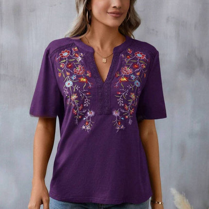 Embroidered Notched Short Sleeve T-Shirt