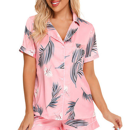 Printed Button Up Short Sleeve Top and Shorts Lounge Set