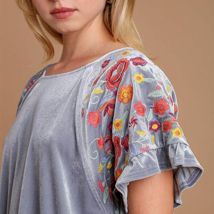 Umgee Velvet Embroidery Short Sleeve Blouse