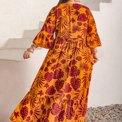 Plus Size Lace Detail Printed V-Neck Maxi Dress