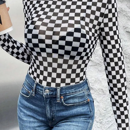 Checkered Turtleneck Long Sleeve Bodysuit