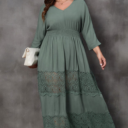 Plus Size Tied V-Neck Smocked Crochet Maxi Dress