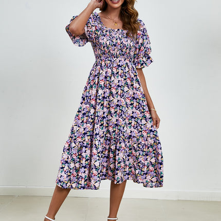 Smocked Floral Square Neck Short Sleeve Dress