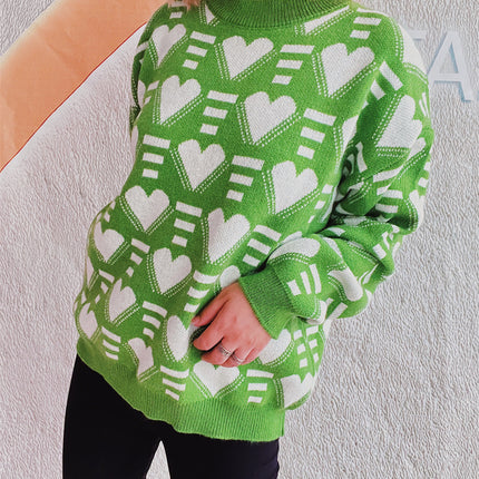 Heart Contrast Long Sleeve Dropped Shoulder Sweater