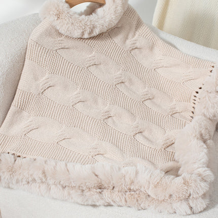 Fuzzy Hem Cable-Knit Poncho