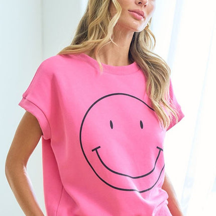 First Love Smile Face Drop Shoulder Brushed Inside T-Shirt