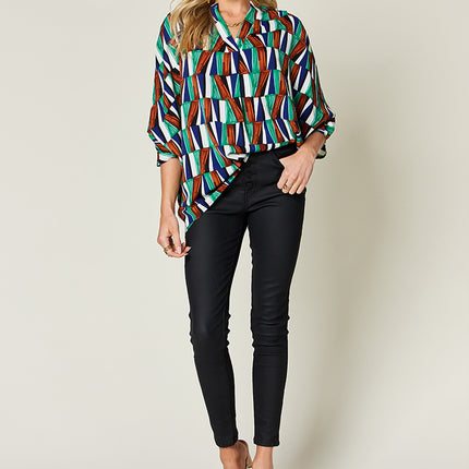 Double Take Full Size Geometric Notched Raglan Sleeve Blouse