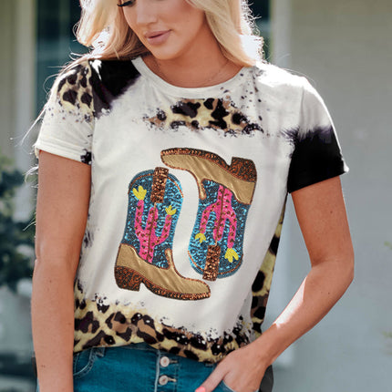 Sequin Boots Leopard Round Neck Short Sleeve T-Shirt