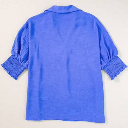 Smocked Johnny Collar Half Sleeve Blouse