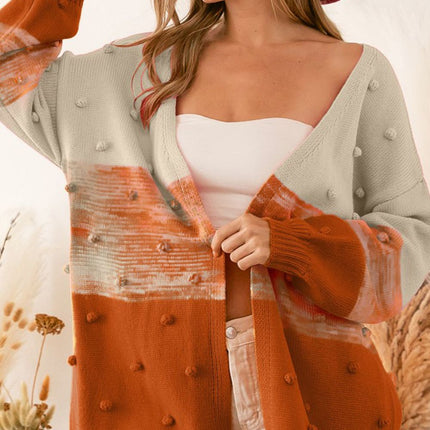 Pompom Color Block Open Front Cardigan