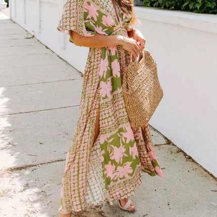 Floral Print V-Neck High Slit Maxi Dress