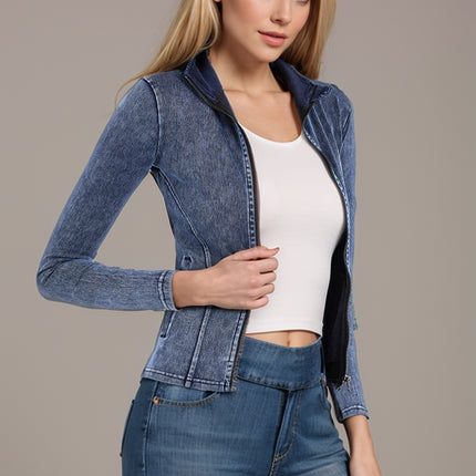 Basic Bae Pocketed Turtleneck Zip Up Denim Top