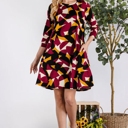 Celeste Full Size Geometric Round Neck Dress with Pockets