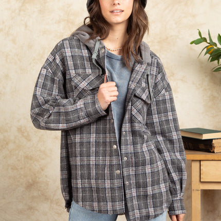Drawstring Plaid Long Sleeve Hooded Jacket