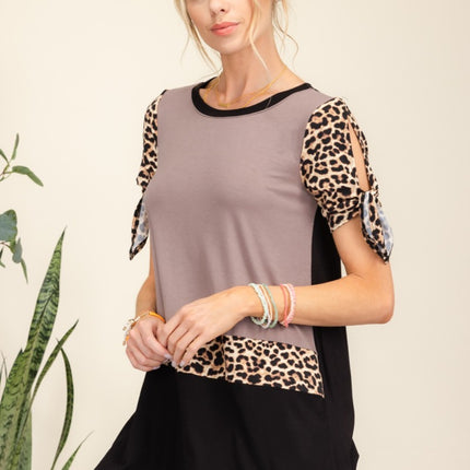 Celeste Full Size Open Tie Sleeve Leopard Color Blocked Top