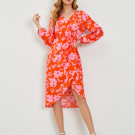 Printed Surplice Long Sleeve Midi Dress