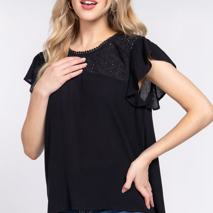 ACTIVE BASIC Ruffle Short Sleeve Crochet Blouse