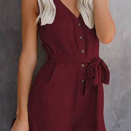 Full Size Tied V-Neck Sleeveless Romper with Pockets