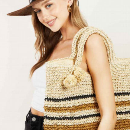 Fame Striped Straw Braided Tote Bag