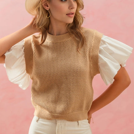 Oh Full Size Ruffled Round Neck Short Sleeve Sweater