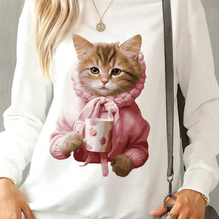 Cat Round Neck Long Sleeve Sweatshirt