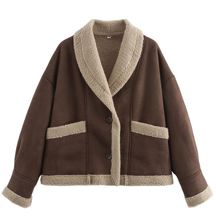 Fuzzy Collared Neck Long Sleeve Jacket