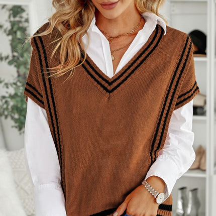 Striped Trim V-Neck Sweater Vest