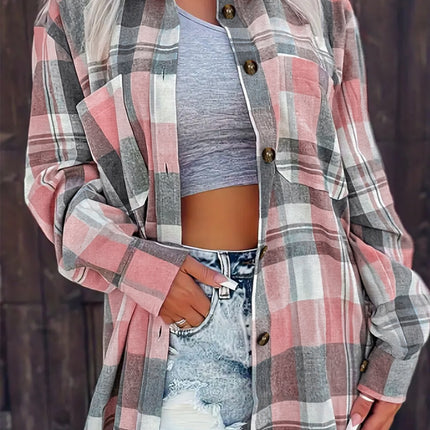 Pocketed Plaid Collared Neck Shacket