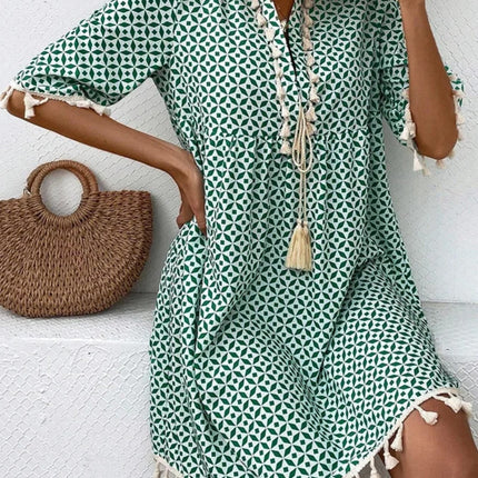 Tassel Printed Notched Half Sleeve Mini Dress