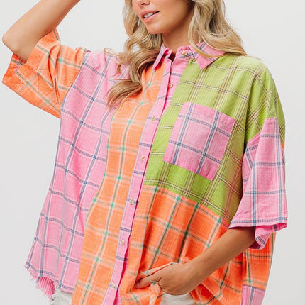 BiBi Plaid Collared Neck Half Sleeve Shirt