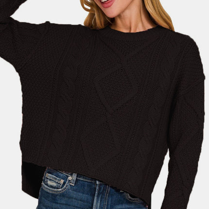 Zenana Cropped High Low Cable Sweater with Side Slits