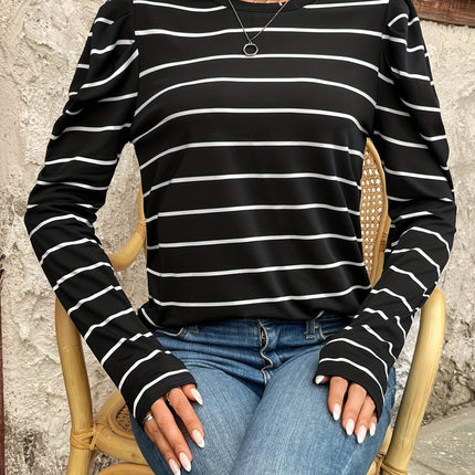 Full Size Striped Round Neck Puff Sleeve T-Shirt