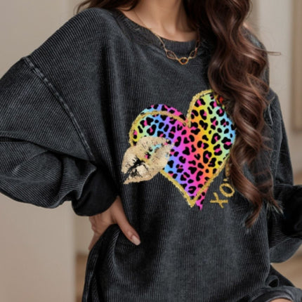 Leopard Heart Drop Shoulder Long Sleeve Sweatshirt