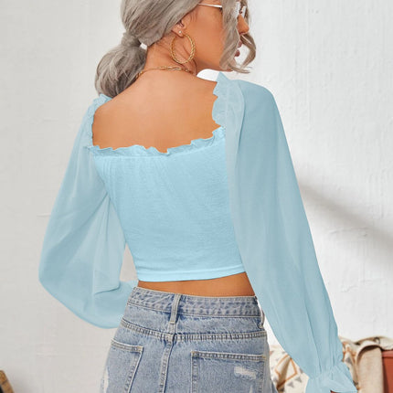 Mesh Sweetheart Neck Flounce Sleeve Top