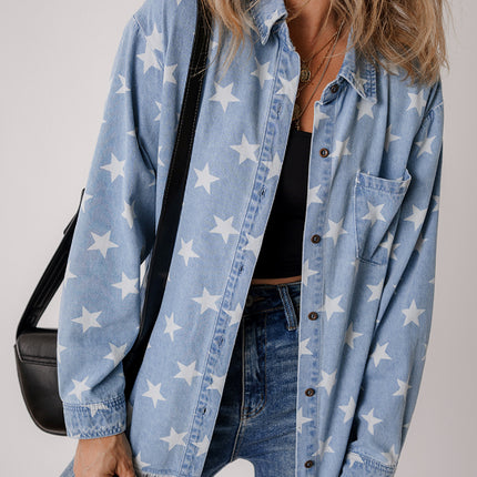 Raw Hem Star Collared Neck Denim Top