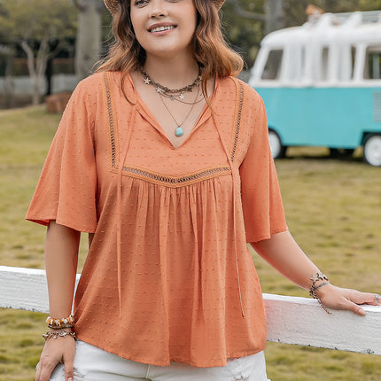 Plus Size Ruched Tie Neck Half Sleeve Blouse