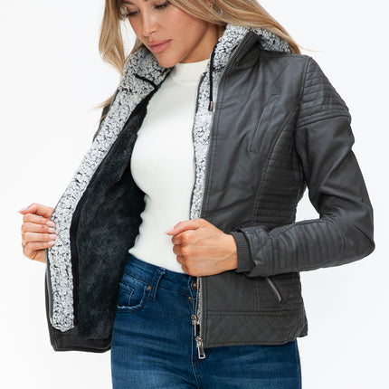 YMI Faux Layered Double-Zipper Jacket with Fuzzy Hood