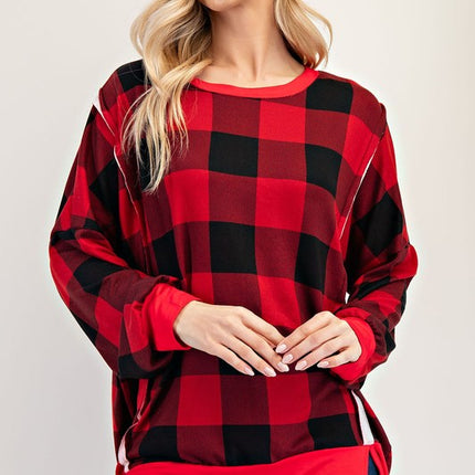 Celeste Full Size High-Low Plaid Round Neck Sweatshirt