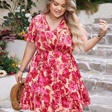 Plus Size Printed V-Neck Flutter Sleeve Dress